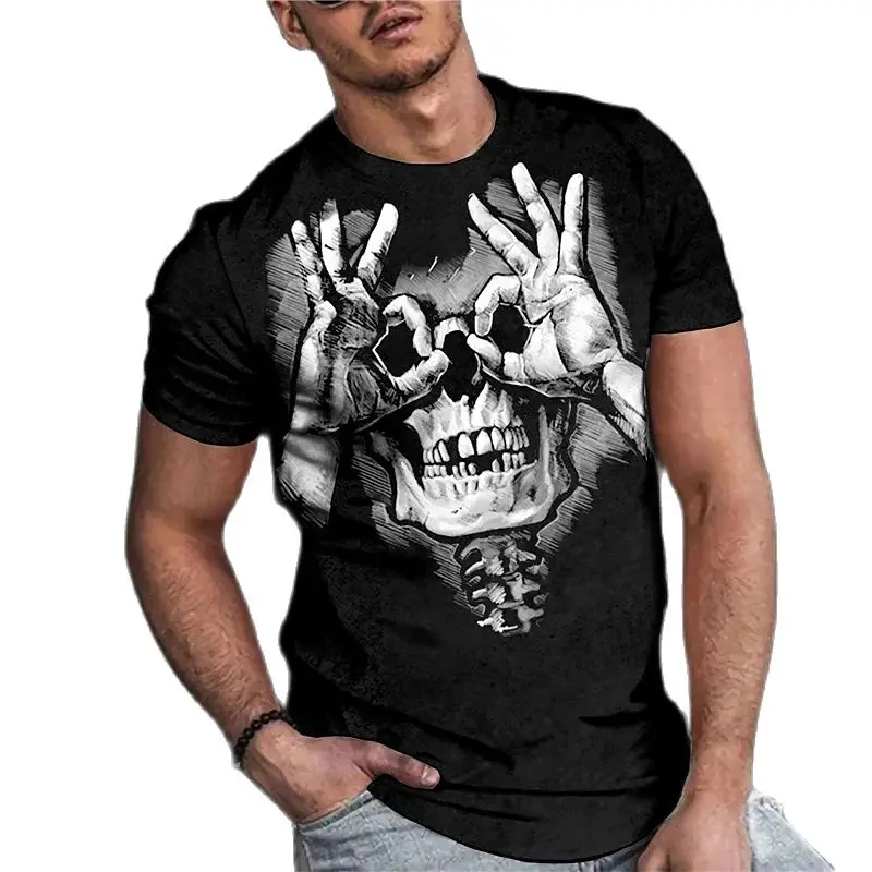 Винтажная мужская футболка с ужасным 3D принтом черепа, летняя Классическая Повседневная футболка с круглым вырезом и коротким рукавом, Модные свободные топы оверсайз, мужская футболка Изображение 0