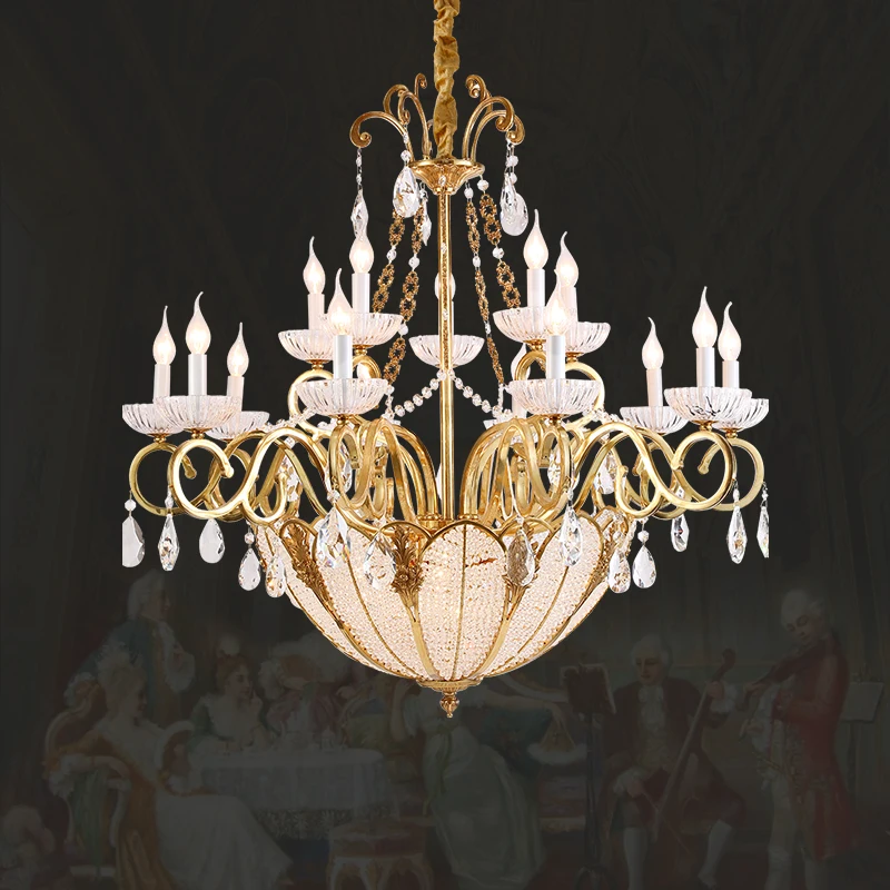 Европейская Вилла Столовая с высокими потолками Медный Подвесной светильник Французская Классическая Роскошная Латунная Хрустальная Люстра Изображение 0