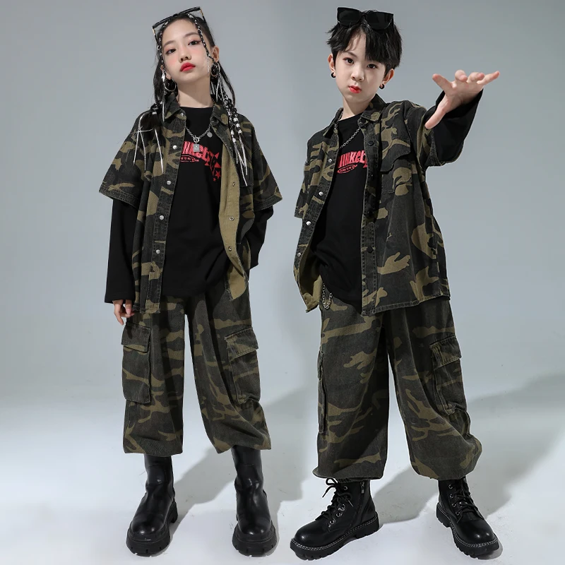 Модная детская Крутая одежда в стиле хип-хоп, Камуфляжный костюм, джазовые танцевальные костюмы для девочек, Сценическая одежда для мальчиков, Уличная танцевальная одежда DWY9524 Изображение 0
