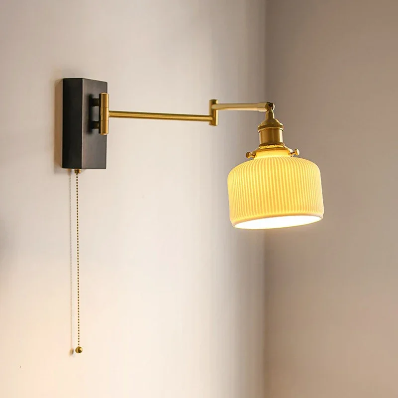 Регулируемые СВЕТОДИОДНЫЕ Настенные Светильники с Керамическим Абажуром Creative Swing Long Arm Wall Sconce Lamp Pull Wire Switch Wandlamp Изображение 0