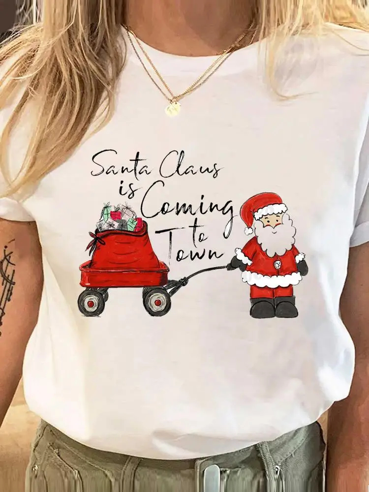 Рождественская новогодняя праздничная футболка, женская футболка с принтом Санта-Клауса, модная футболка с коротким рукавом, женские футболки Изображение 0