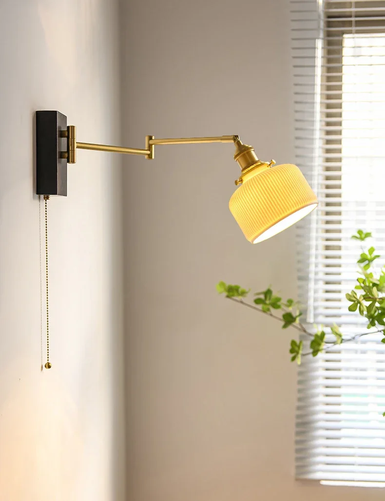 Регулируемые СВЕТОДИОДНЫЕ Настенные Светильники с Керамическим Абажуром Creative Swing Long Arm Wall Sconce Lamp Pull Wire Switch Wandlamp Изображение 1