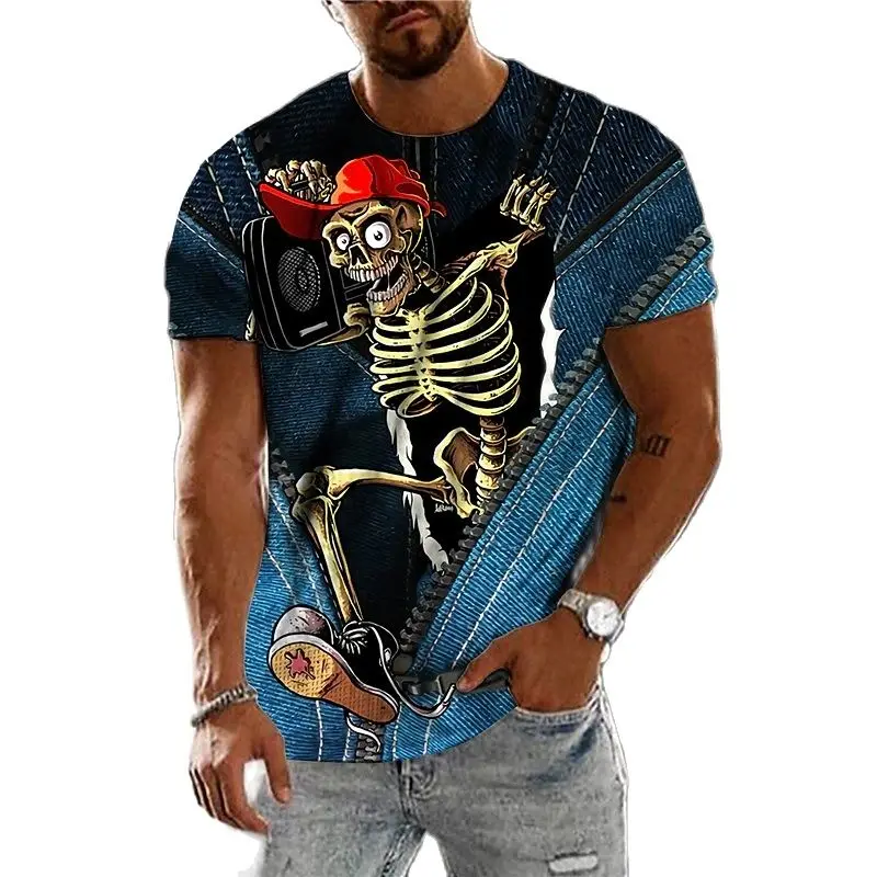 Винтажная мужская футболка с ужасным 3D принтом черепа, летняя Классическая Повседневная футболка с круглым вырезом и коротким рукавом, Модные свободные топы оверсайз, мужская футболка Изображение 2