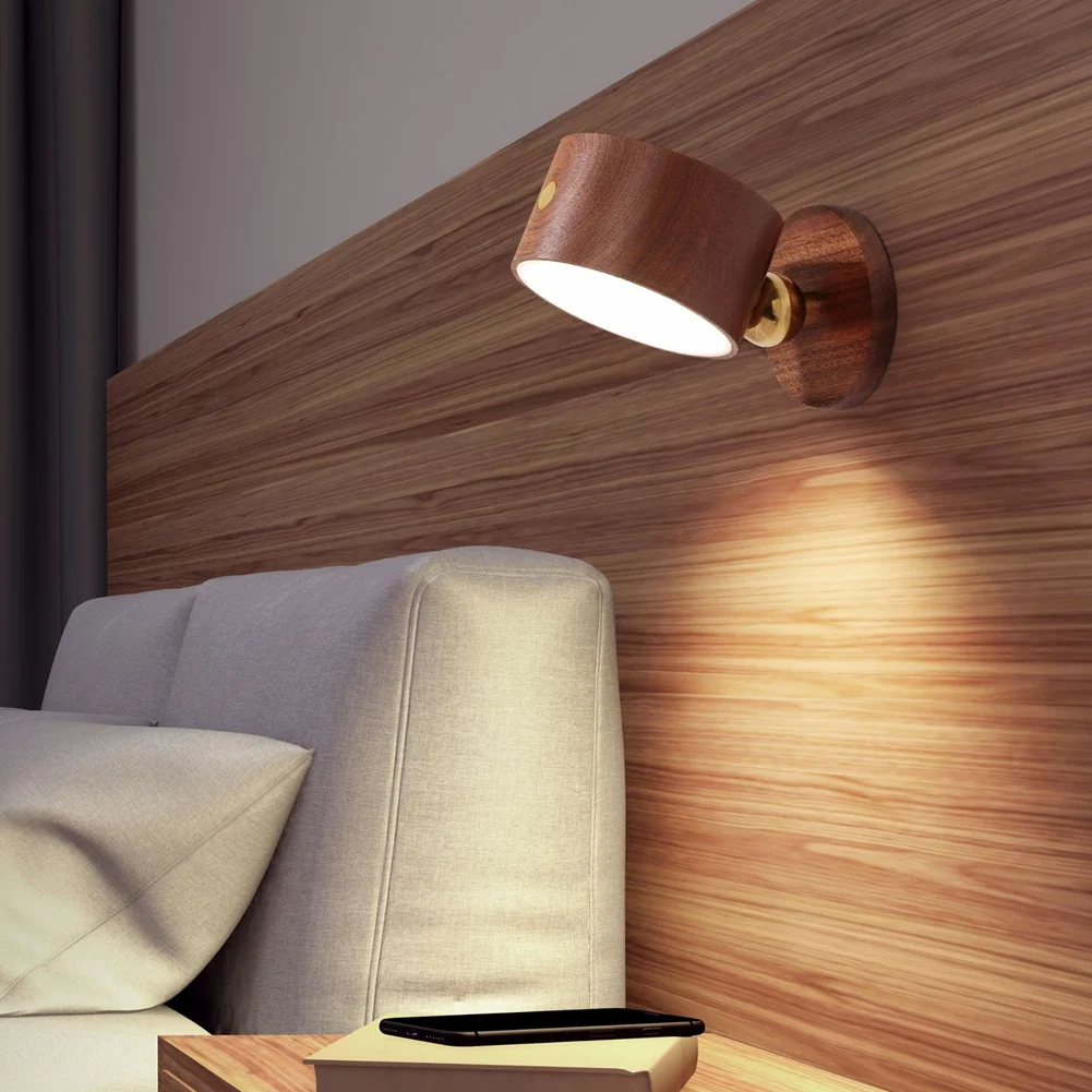 Перезаряжаемое светодиодное настенное бра, настенная прикроватная лампа с USB-портом, вращающийся на 360 градусов магнитный шар, беспроводная лампа из дерева Сапеле Изображение 2