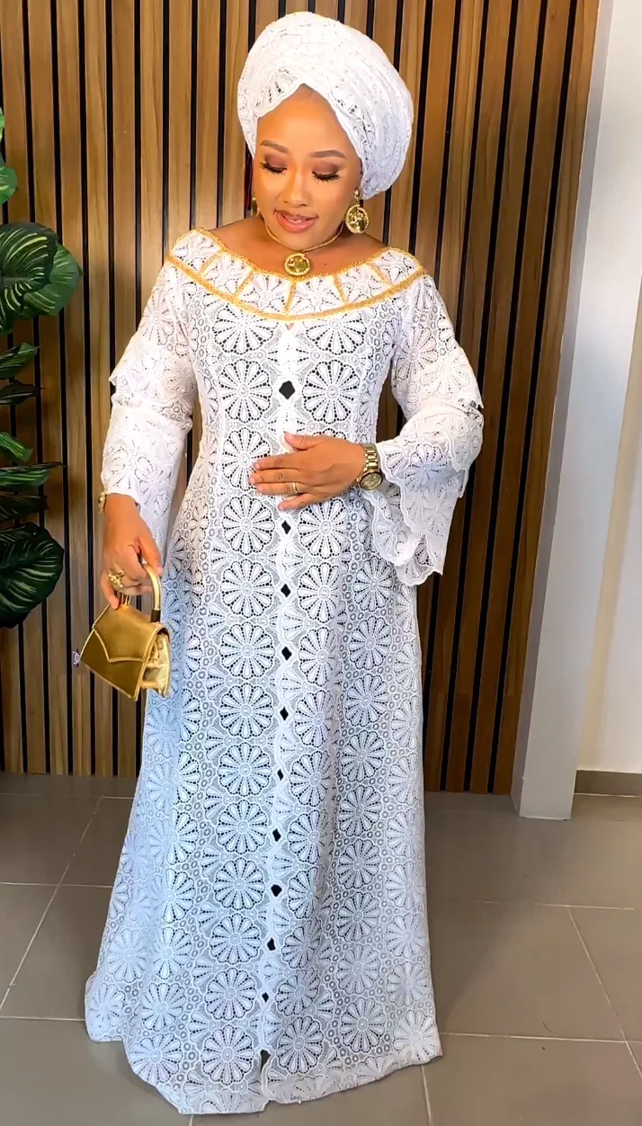 2023 Африканские платья больших размеров для женщин Осень Лето Африканское длинное платье из белого полиэстера с длинным рукавом, Макси-платье, Африканские платья Изображение 3