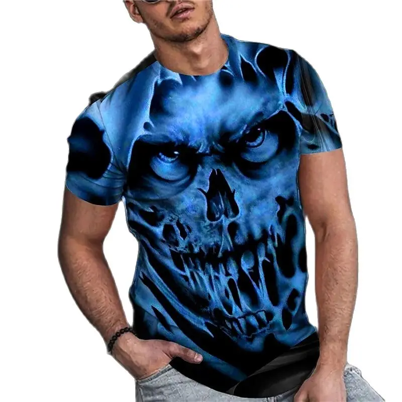 Винтажная мужская футболка с ужасным 3D принтом черепа, летняя Классическая Повседневная футболка с круглым вырезом и коротким рукавом, Модные свободные топы оверсайз, мужская футболка Изображение 3