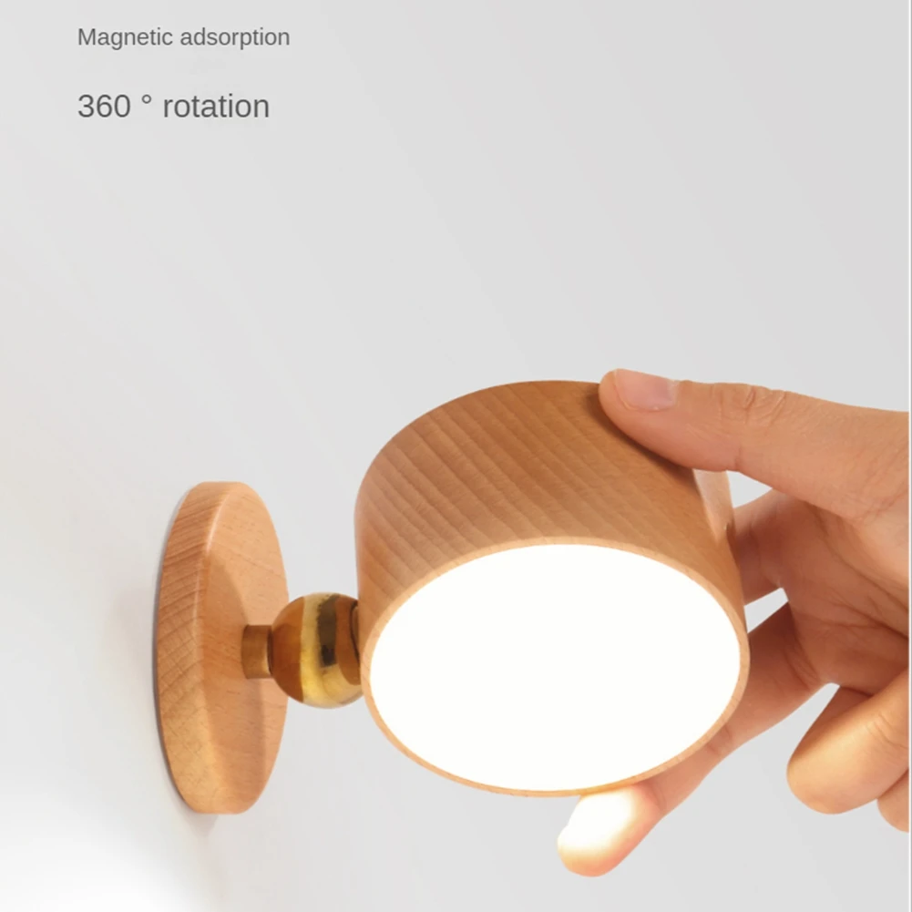 Перезаряжаемое светодиодное настенное бра, настенная прикроватная лампа с USB-портом, вращающийся на 360 градусов магнитный шар, беспроводная лампа из дерева Сапеле Изображение 3