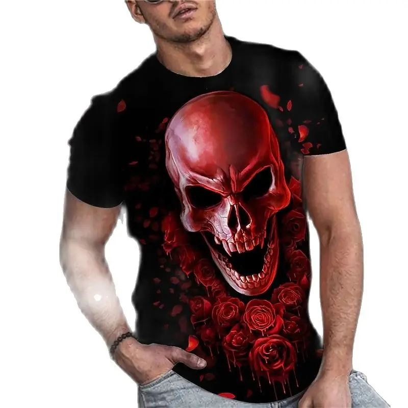 Винтажная мужская футболка с ужасным 3D принтом черепа, летняя Классическая Повседневная футболка с круглым вырезом и коротким рукавом, Модные свободные топы оверсайз, мужская футболка Изображение 4