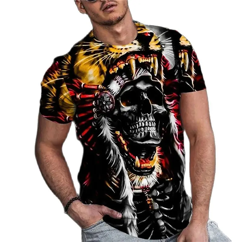 Винтажная мужская футболка с ужасным 3D принтом черепа, летняя Классическая Повседневная футболка с круглым вырезом и коротким рукавом, Модные свободные топы оверсайз, мужская футболка Изображение 5